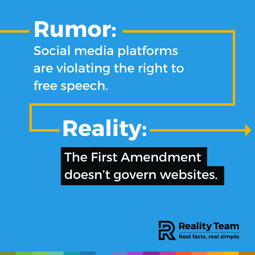 Rumor: Social media platforms are violating the right to free speech. Reality: The First Amendment doesn't govern websites.