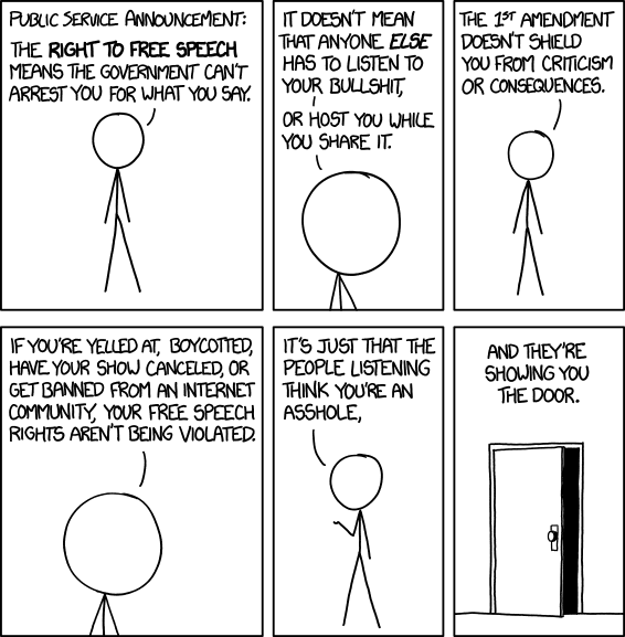 Free Speech Cartoon: The right to free speech means the government can't arrest you for what you say. It does not mean that anyone has to listen to you and doesn't shield you from criticism or consequences.