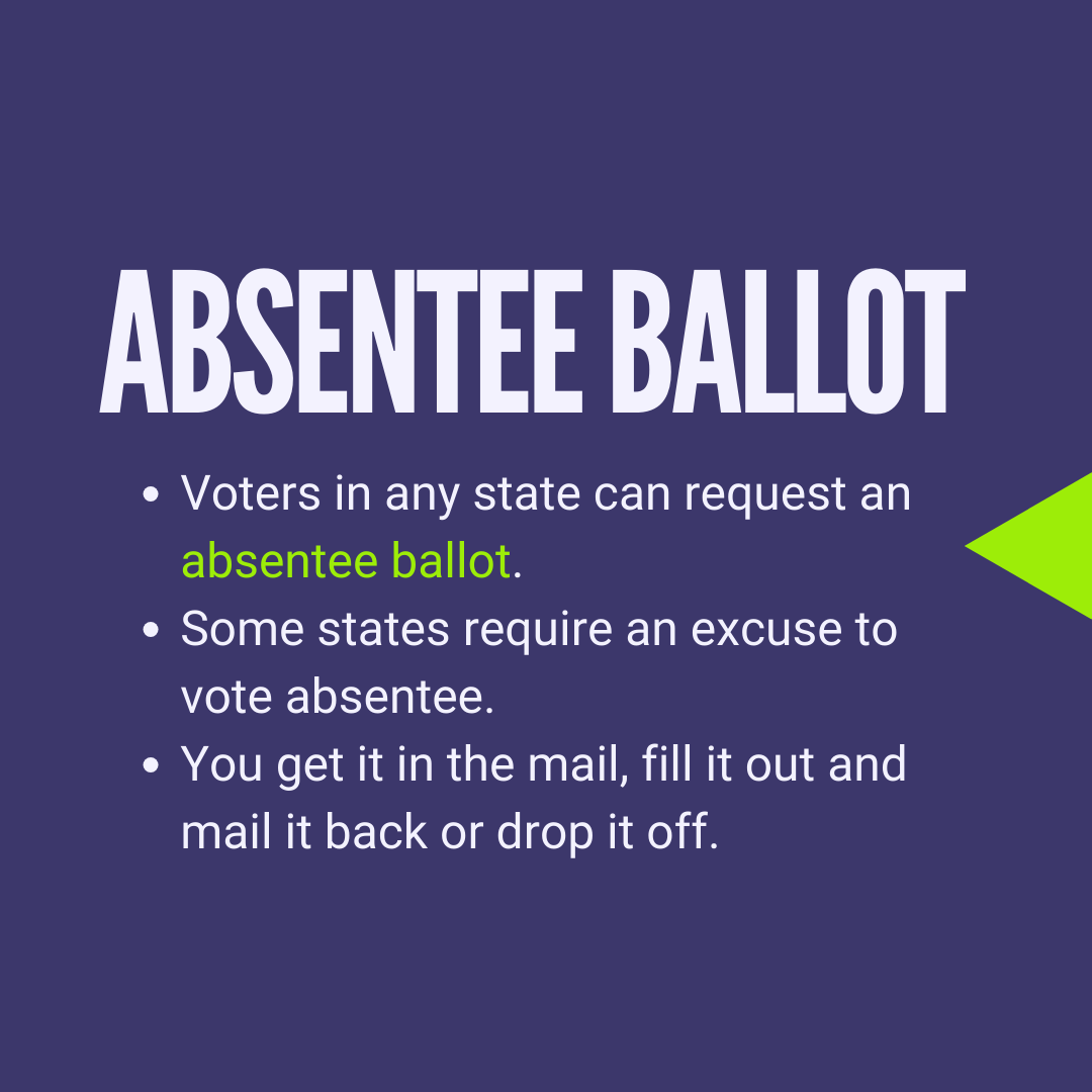 Absentee ballots: Voters in any state can request an absentee ballot. Some states require an excuse to vote absentee. You get it in the mail, fill it out and mail it back or drop it off.