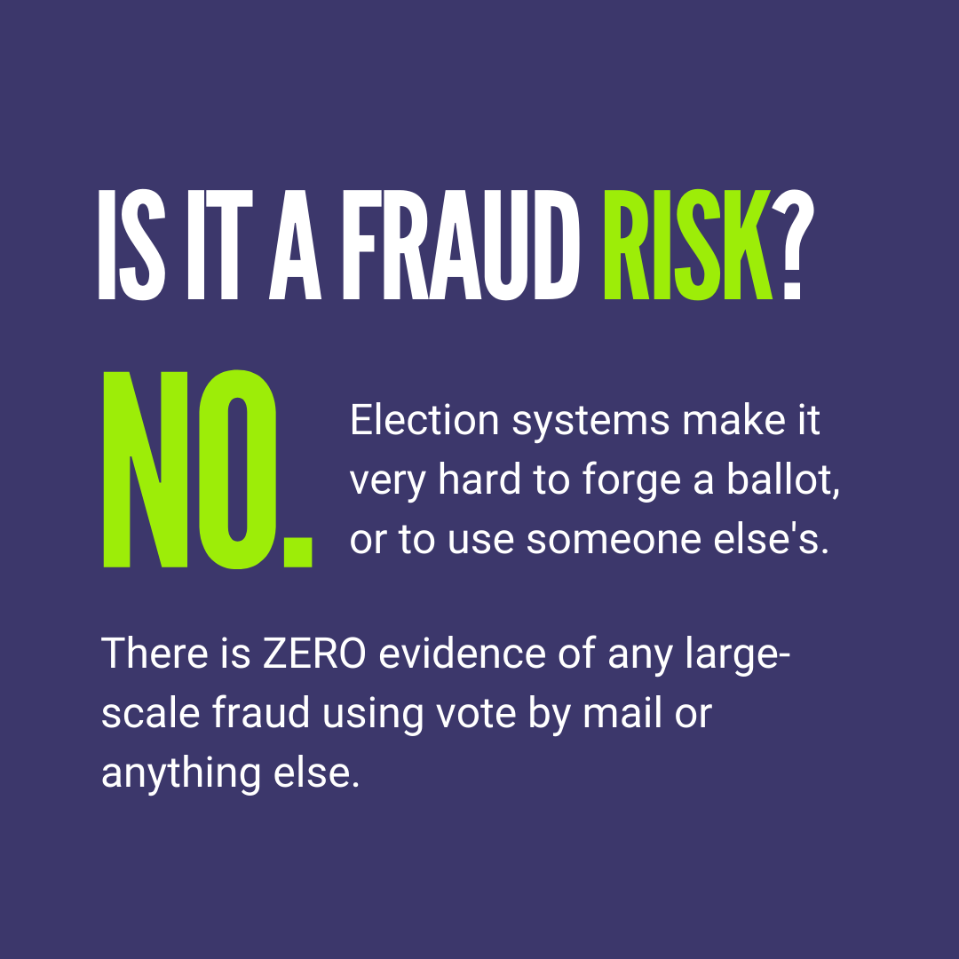 Is it a fraud risk? No. Election systems make it very hard to forge a ballot, or to use someone else's. There is ZERO evidence of any large-scale fraud using vote by mail or anything else.
