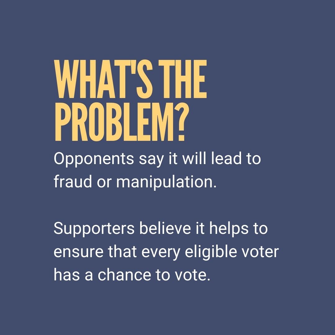 What is the problem? Opponents say it will lead to fraud or manipulation. Supporters believe it helps to ensure that every eligible voter has a chance to vote.