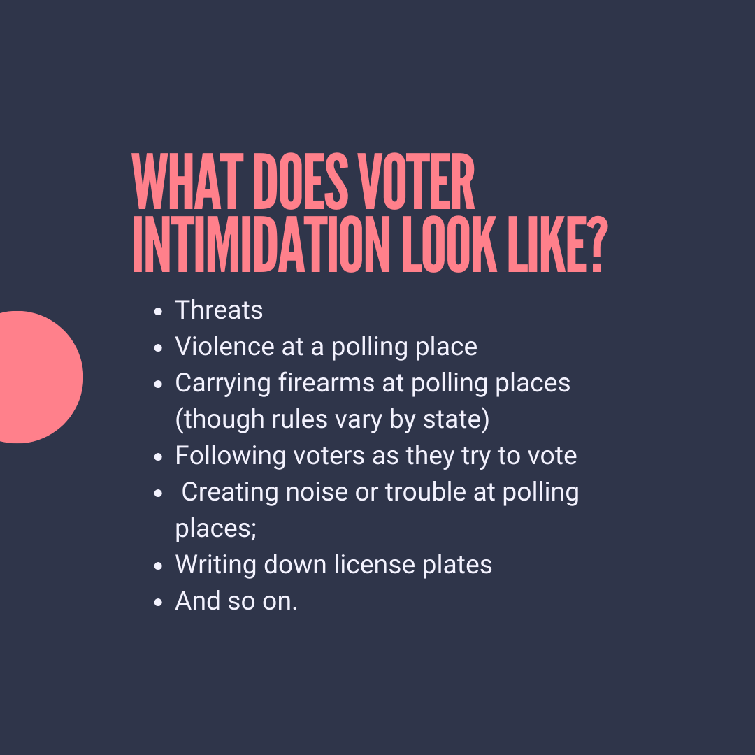 What does voter intimidation look like? Threats, violence at a polling place, carrying firearms at polling places (though rules vary by state), following voters as they try to vote, creating noise or trouble at polling places; writing down license plates, and so on.