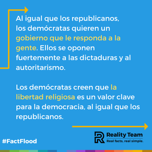 Al igual que los republicanos, los demócratas quieren un gobierno que le responda a la gente. Ellos se oponen fuertemente a las dictaduras y al autoritarismo. Los demócratas creen que la libertad religiosa es un valor clave para la democracia, al igual que los republicanos.