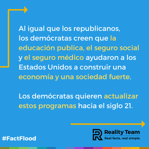 Al igual que los republicanos, los demócratas creen en la educación publica, el seguro social y el seguro médico ayudaron. Esto ayudo a los Estados Unidos a construir una economía y una sociedad fuerte. Los demócratas quieren actualizar estos programas hacia el siglo 21.