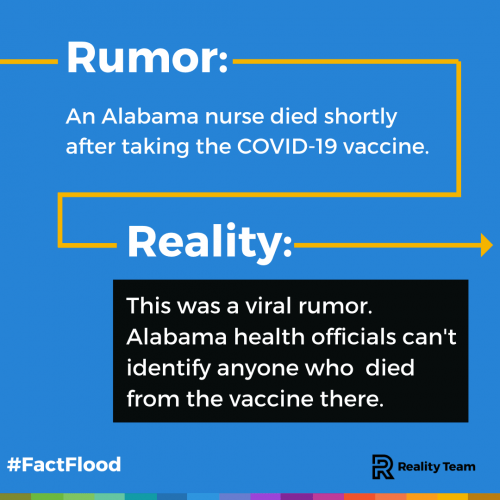 Rumor: An Alabama nurse died shortly after taking the COVID-19 vaccine. Reality: This was a viral rumor. Alabama health officials can't identify anyone who died from the vaccine there.