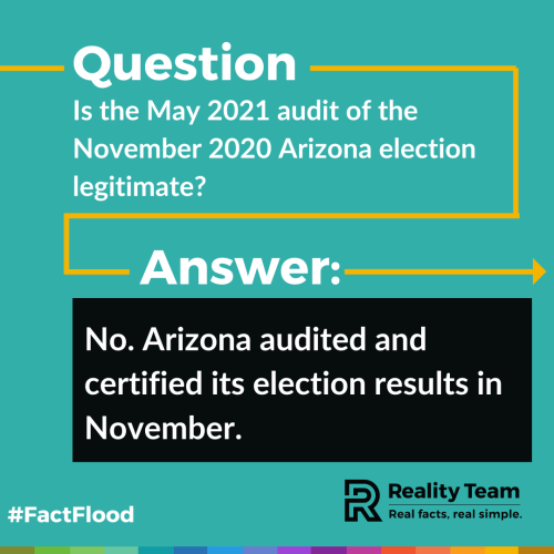 Question: Is the May 2021 audit of the November 2020 Arizona election legitimate? Answer: No. Arizona audited and certified its election results in November.