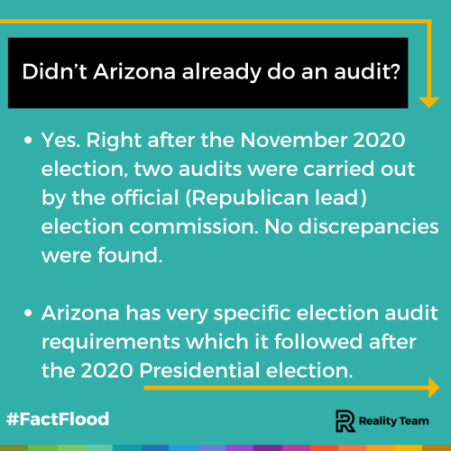 Didn’t Arizona already do an audit? Yes. Right after the November 2020 election, two audits were carried out by the official (Republican lead) election commission. No discrepancies were found. Arizona has very specific election audit requirements which it followed after the 2020 Presidential election.