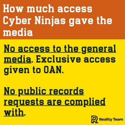 How much access Cyber Ninjas gave the media: no access to the general media; exclusive access given to OAN; no public records requests are complied with.
