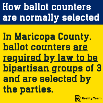 How ballot counters are normally selected: in Maricopa County, ballot counters are required by law to be bipartisan groups of 3 and are selected by the parties.