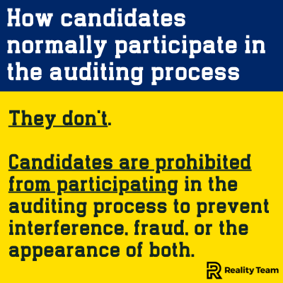 How candidates normally participate in the auditing process: they don't. Candidates are prohibited from participating in the auditing process to prevent interference, fraud, or the appearance of both.