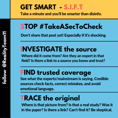 Get smart and SIFT: stop and take a second to check, investigate the source, find trusted coverage, and trace it to the original.
