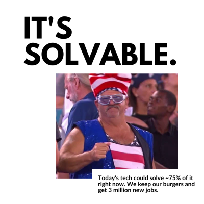 It's solvable. Today's tech could solve ~75% of it right now. We keep our burgers and get 3 million new jobs.