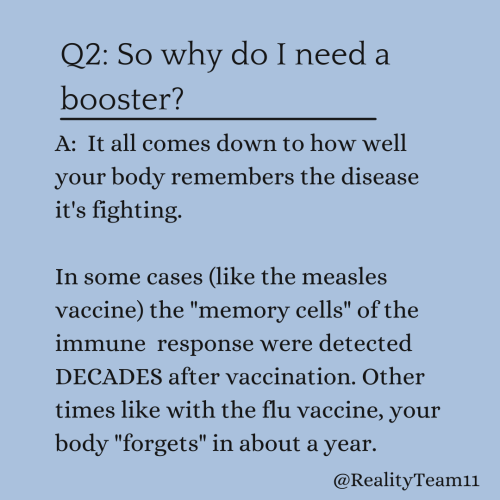 So why do I need a booster? It all comes down to how well your body remembers the disease it's fighting. In some cases (like the measles vaccine) the memory cells of the immune response were detected DECADES after vaccination. Other times like with the flu vaccine, your body forgets in about a year.