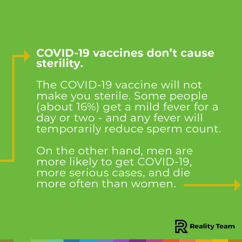 COVID-19 vaccines don’t cause sterility: The COVID-19 vaccine will not make you sterile. Some people (about 16%) get a mild fever for a day or two – and any fever will temporarily reduce sperm count. On the other hand, men are more likely to get COVID-19, more serious cases, and die more often than women.