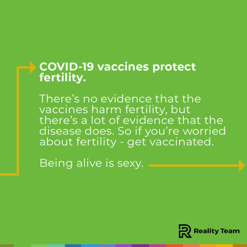 COVID-19 vaccines protect fertility. There’s no evidence that the vaccines harm fertility, but there’s a lot of evidence that the disease does. So if you’re worried about fertility – get vaccinated. Being alive is sexy.