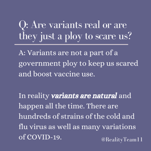 Are variants real or are they just a ploy to scare us? Variants are not a government ploy to keep us scared and boost vaccine use. In reality, variants are natural and happen all the time. There are hundreds of strains of the cold and flu virus as well as many variations of COVID-19.