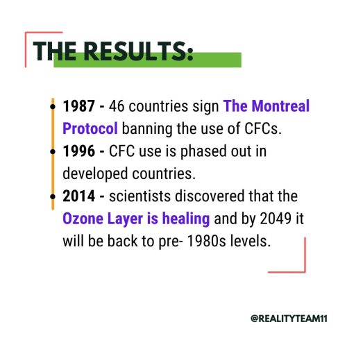 In 1987, 46 countries signed The Montreal Protocol banning the use of CFCs. In 1996, CFC use is phased out in developed countries. In 2014, scientists discovered that the ozone layer is healing and by 2049 it will be back to pre-1980s levels.