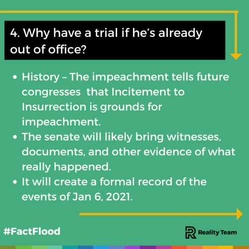 Why have a trial if he's already out of office? History - the impeachment tells future congresses that incitement to insurrection is grounds for impeachment. The Senate will likely bring witnesses, documents, and other evidence of what really happened. It will create a formal record of the events of January 6, 2021.