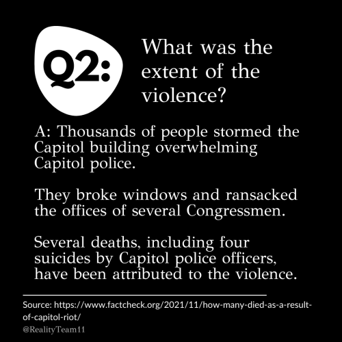 What was the extent of the violence? Thousands of people stormed the Capitol building overwhelming Capitol police. They broke windows and ransacked the offices of several Congressmen. Several deaths, including four suicides by Capitol police officers, have been attributed to the violence.