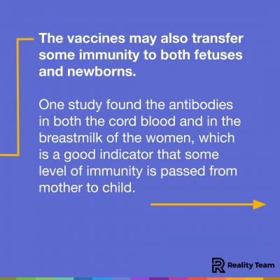 The vaccines may also transfer some immunity to both fetuses and newborns. One study found the antibodies in both the cord blood and in the breastmilk of the women, which is a good indicator that some level of immunity is passed from mother to child.