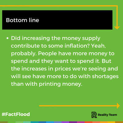 Bottom line: Did increasing the money supply contribute to some inflation? Yeah, probably. People have more money to spend and they want to spend it. But the increases in prices we’re seeing and will see have more to do with shortages than with printing money.