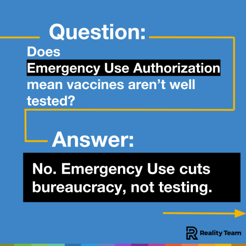 Question: Does Emergency Use Authorization mean vaccines aren't well tested? Answer: No. Emergency Use cuts bureaucracy, not testing.