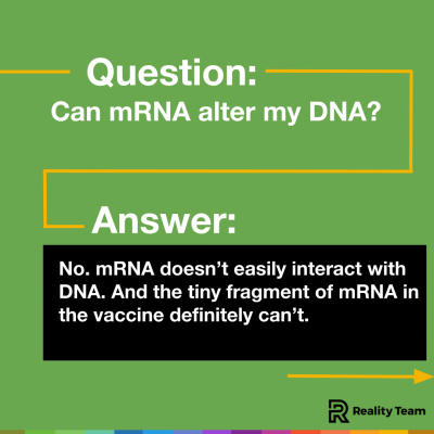 Question: Can mRNA alter my DNA? Answer: No. mRNA doesn't easily interact with DNA. And the tiny fragment of mRNA in the vaccine definitely can't.