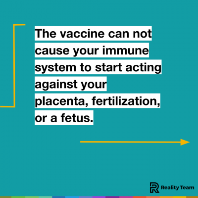 The vaccine cannot cause your immune system to start acting against your placenta, fertilization, or a fetus.