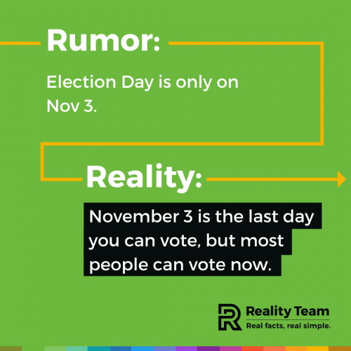 Rumor: Election Day is only on November 3. Reality: November 3 is the last day you can vote, but most people can vote now.