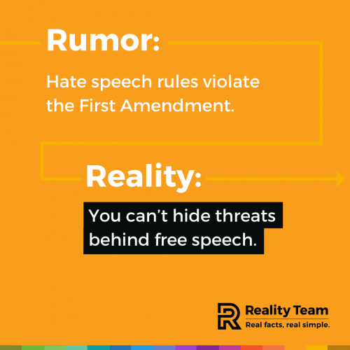 Rumor: Hate speech rules violate the First Amendment. Reality: You can't hide threats behind free speech.