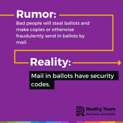 Rumor: Bad people will steal ballots and make copies or otherwise fraudulently send in ballots by mail. Reality: Mail-in ballots have security codes.