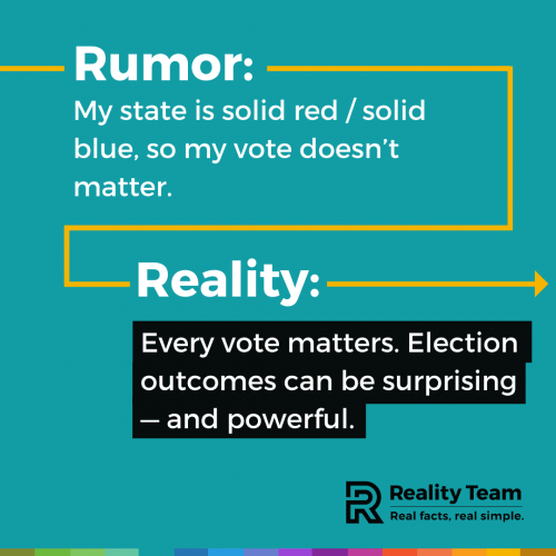 Rumor: My state is solid red / solid blue, so my vote doesn't matter. Reality: Every vote matters. Election outcomes can be surprising - and powerful.