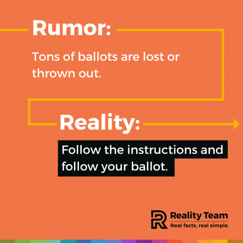 Rumor: Tons of ballots are lost or thrown out. Reality: Follow the instructions and follow your ballot.