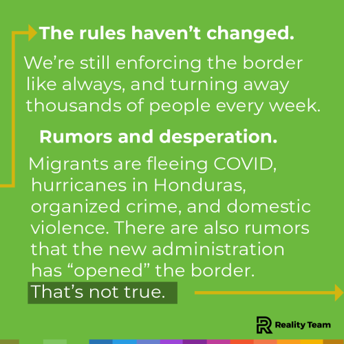 The rules haven't changed: We're still enforcing the border like always, and turning away thousands of people every week. Rumors and desperation: Migrants are fleeing COVID, hurricanes in Honduras, organized crime, and domestic violence. There are also rumors that the new administration has opened the border. That is not true.