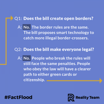 Does the bill create open borders? No. The border rules are the same. The bill proposes smart technology to catch more illegal border-crossers. Does the bill make everyone legal? No. People who break the rules will still face the same penalties. People who obey the law will have a clearer path to either green cards or citizenship.