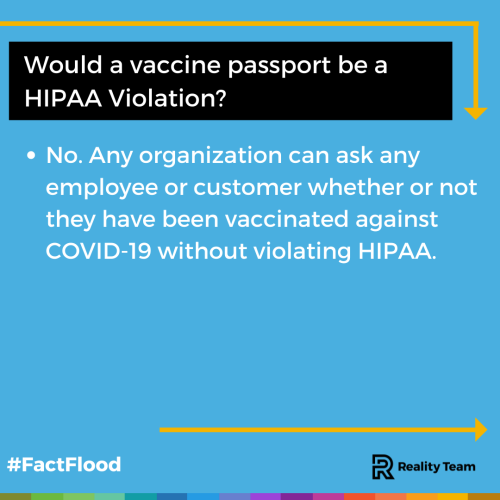 Would a vaccine passport be a HIPAA violation? No. Any organization can ask any employee or customer whether or not they have been vaccinated against COVID-19 without violating HIPAA.
